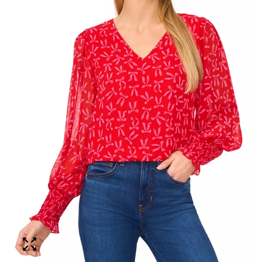 CeCe V-Neck Long Sleeve Smocked Cuff Bow-Print Blouse Size 1X NWT
